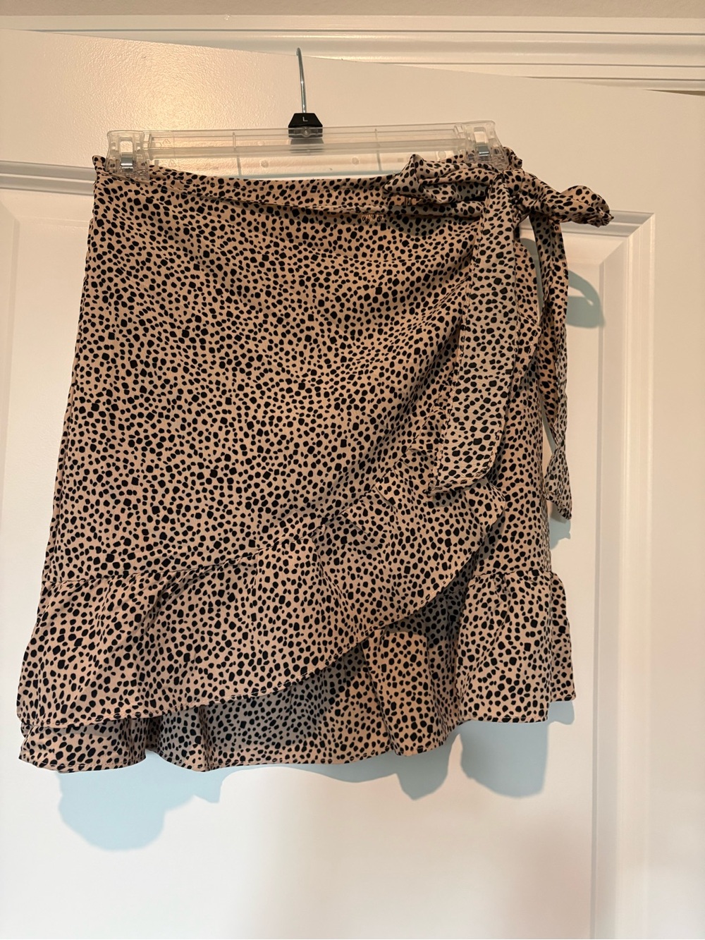 Beige and Black Dot Wrap Ruffle Mini Skirt